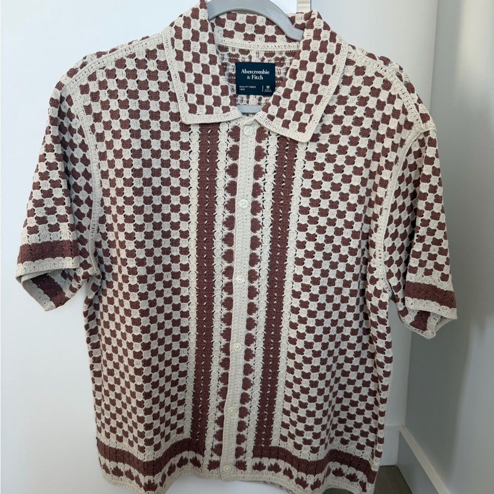 Abercrombie & Fitch Brown and Cream Checker Knit Button-Down Polo